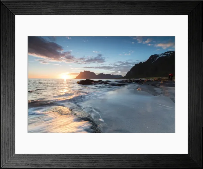 Framed Print : Pink clouds and midnight sun reflected on the waves of blue sea framed by rocky peaks Framed Print : Pink clouds and midnight sun reflected on the waves of blue sea framed by rocky peaks