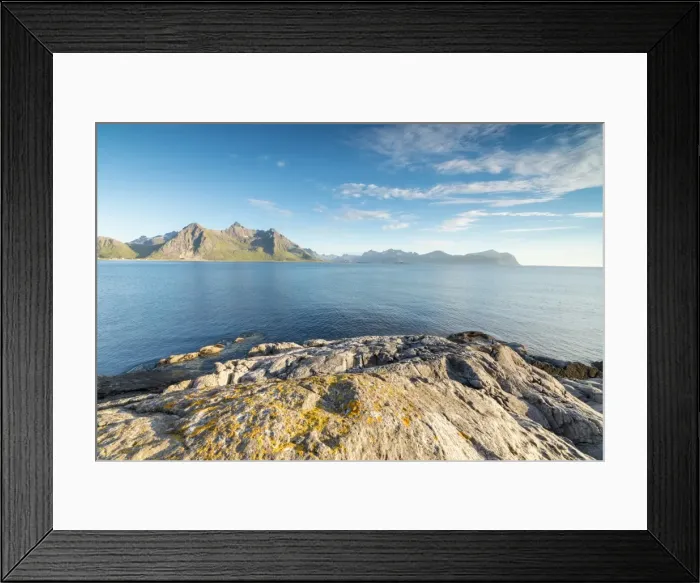 Framed Print : Sun shines on the blue sea and the rocky peaks at night during summer, Vikten, Nord Trondelag Framed Print : Sun shines on the blue sea and the rocky peaks at night during summer, Vikten, Nord Trondelag