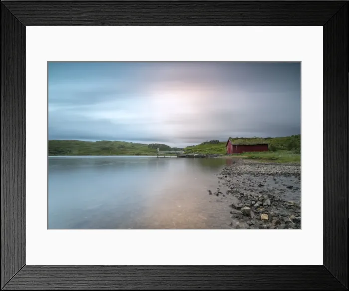 Framed Print : Pink lights of the midnight sun illuminate sea and the typical rorbu, Holdalsvatnet Framed Print : Pink lights of the midnight sun illuminate sea and the typical rorbu, Holdalsvatnet