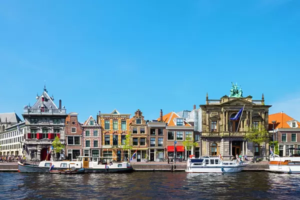 Buildings along the Spaarne River, including the Teylers Museum on the right, Haarlem