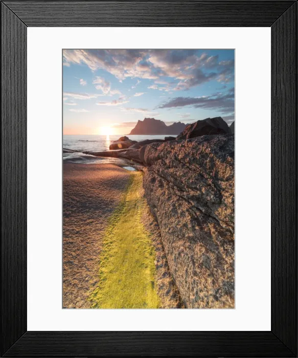 Framed Print : Lights of the midnight sun on the rocks surrounding the blue sea, Uttakleiv, Lofoten Islands Framed Print : Lights of the midnight sun on the rocks surrounding the blue sea, Uttakleiv, Lofoten Islands