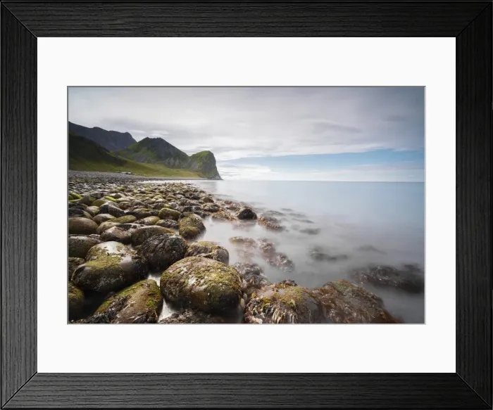 Framed Print : Rocks on the beach frame the calm clear sea, Unstad, Vestvagoy, Lofoten Islands, Norway Framed Print : Rocks on the beach frame the calm clear sea, Unstad, Vestvagoy, Lofoten Islands, Norway