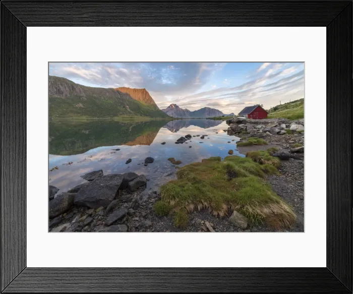 Framed Print : Pink clouds and peaks are reflected in the clear sea at night time, Vengeren, Vagspollen Framed Print : Pink clouds and peaks are reflected in the clear sea at night time, Vengeren, Vagspollen