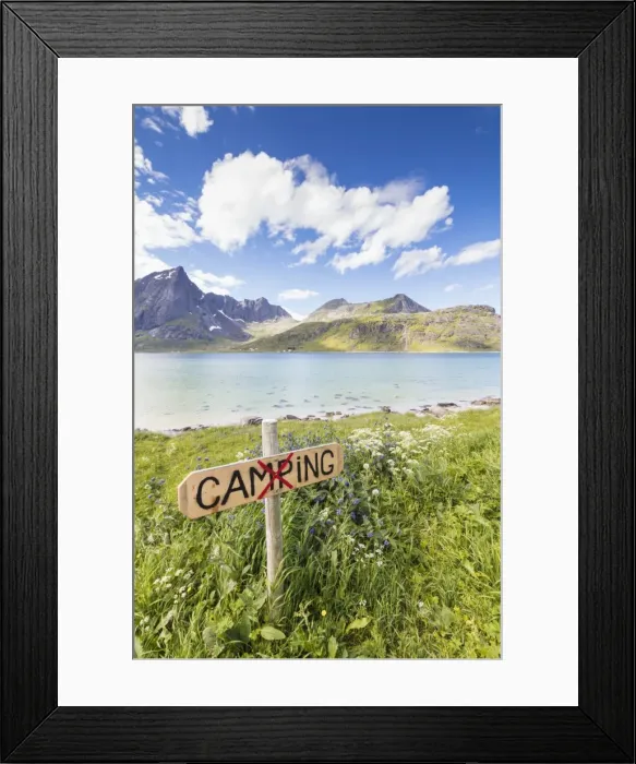 Framed Print : Green meadows and flowers frame the turquoise sea surrounded by peaks, Strandveien Framed Print : Green meadows and flowers frame the turquoise sea surrounded by peaks, Strandveien