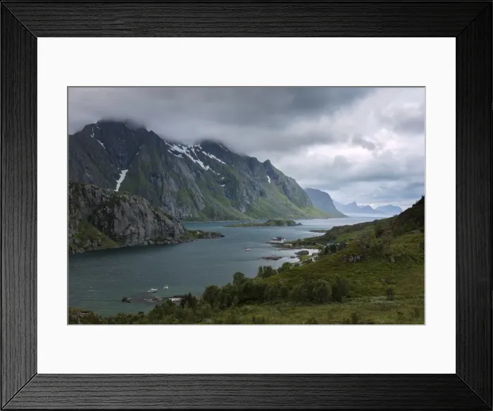 Framed Print : Blue lights and clouds on the calm sea surrounded by rocky peaks at night, Tangstadpollen Framed Print : Blue lights and clouds on the calm sea surrounded by rocky peaks at night, Tangstadpollen