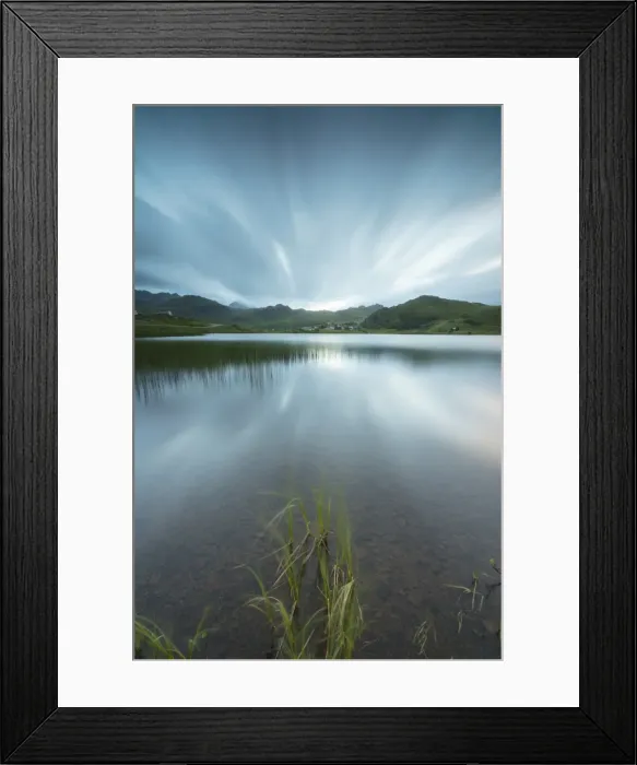 Framed Print : Blue lights at night illuminate the calm sea surrounded by rocky peaks, Holdalsvatnet Framed Print : Blue lights at night illuminate the calm sea surrounded by rocky peaks, Holdalsvatnet
