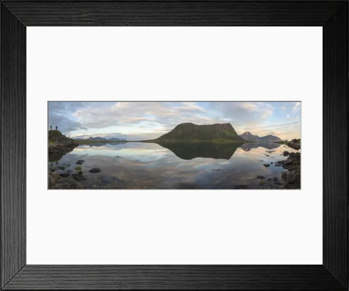 Framed Print : Panorama of pink clouds and peaks reflected in water at night time, Vengeren, Vagspollen Framed Print : Panorama of pink clouds and peaks reflected in water at night time, Vengeren, Vagspollen