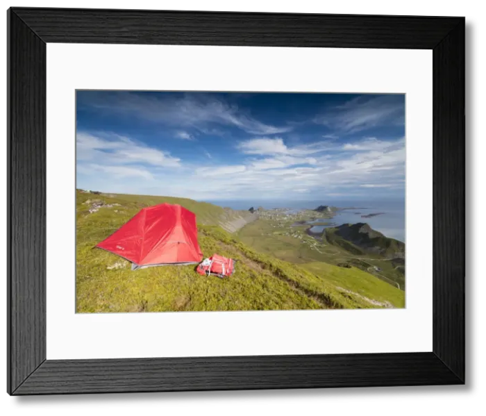 Framed Print : Tent on mountain ridge overlooking meadows and sea, Sorland, Vaeroy Island, Nordland county Framed Print : Tent on mountain ridge overlooking meadows and sea, Sorland, Vaeroy Island, Nordland county