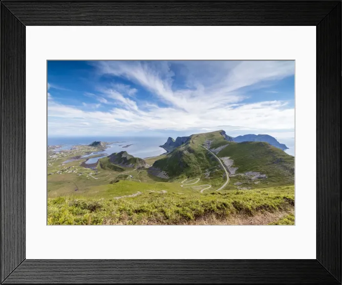 Framed Print : Steep road of curves in between green meadows and sea, Sorland, Vaeroy Island, county of Nordland Framed Print : Steep road of curves in between green meadows and sea, Sorland, Vaeroy Island, county of Nordland