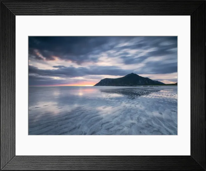 Framed Print : Midnight sun and clouds reflected in the clear water of sea Skagsanden, Flakstad Framed Print : Midnight sun and clouds reflected in the clear water of sea Skagsanden, Flakstad