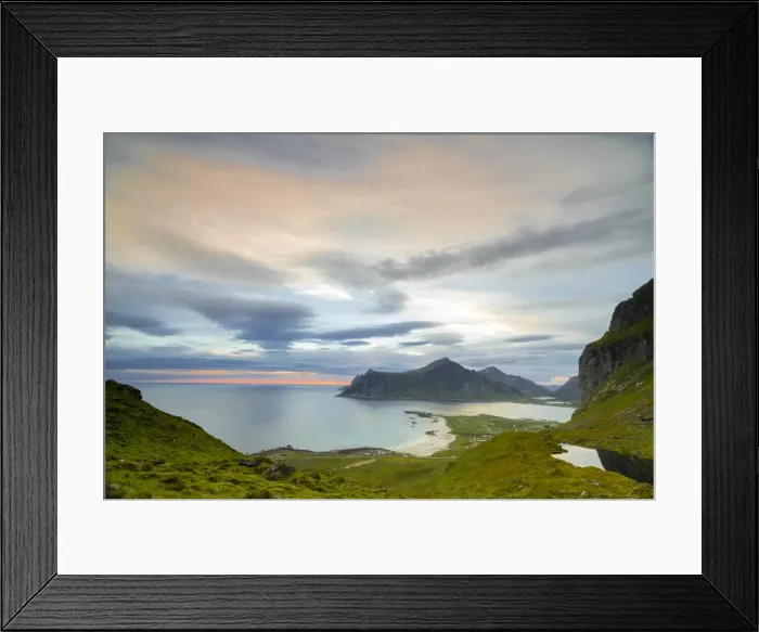 Framed Print : Pink clouds of the midnight sun reflected in the cold sea, Flakstad, Moskenesoya Framed Print : Pink clouds of the midnight sun reflected in the cold sea, Flakstad, Moskenesoya