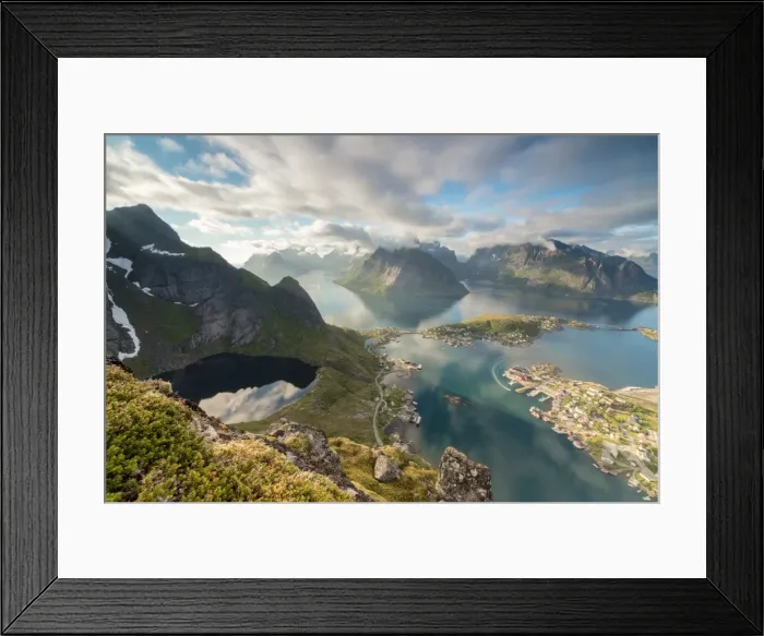 Framed Print : Clouds reflected in blue lake and sea framed by rocky peaks, Reinebringen, Moskenesoya Framed Print : Clouds reflected in blue lake and sea framed by rocky peaks, Reinebringen, Moskenesoya