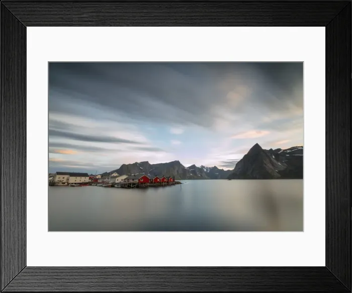 Framed Print : The summer sunset at night on fishing village and cold sea, Hamnoy, Moskenesoya, Nordland county