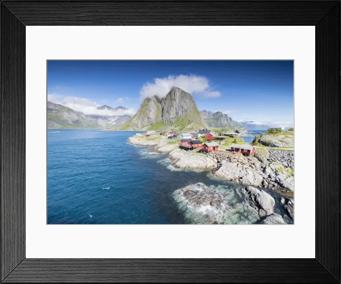 Framed Print : Top view of the fishing village framed by blue sea and high peaks Hamnoy, Moskenesoya Framed Print : Top view of the fishing village framed by blue sea and high peaks Hamnoy, Moskenesoya