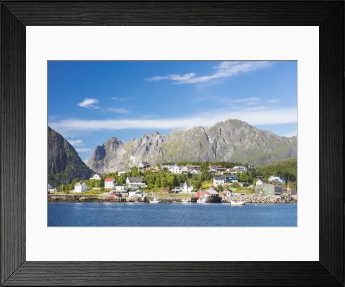 Framed Print : The blue sea frames the fishing village and the rocky peaks, Reine, Moskenesoya, Lofoten Islands Framed Print : The blue sea frames the fishing village and the rocky peaks, Reine, Moskenesoya, Lofoten Islands