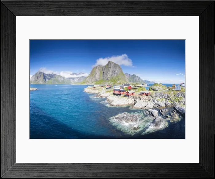Framed Print : Panorama of the fishing village framed by blue sea and high peaks, Hamnoy, Moskenesoya Framed Print : Panorama of the fishing village framed by blue sea and high peaks, Hamnoy, Moskenesoya