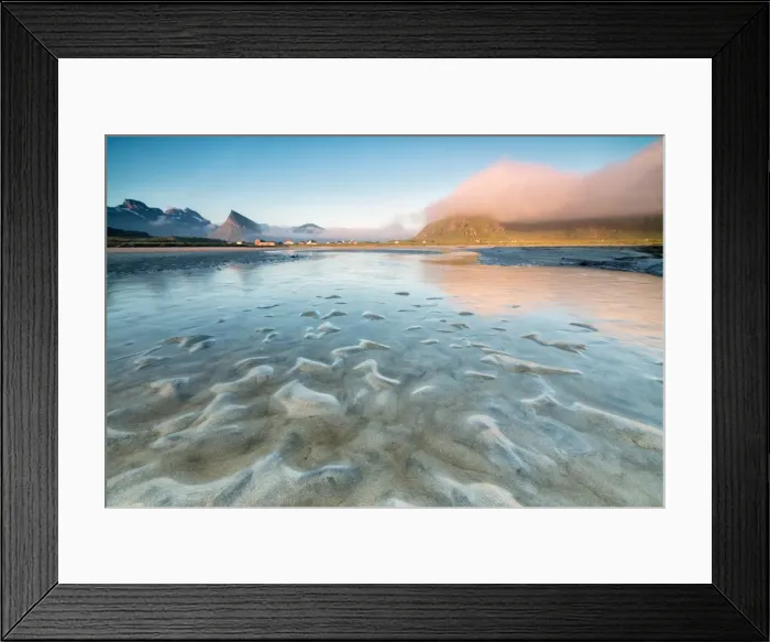 Framed Print : High peaks and midnight sun are reflected in the cold sea, Fredvang, Moskenesoya Framed Print : High peaks and midnight sun are reflected in the cold sea, Fredvang, Moskenesoya