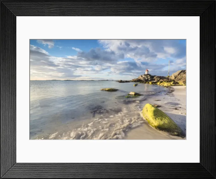 Framed Print : Midnight sun lights up cliffs and sandy beach surrounded by turquoise sea, Eggum Framed Print : Midnight sun lights up cliffs and sandy beach surrounded by turquoise sea, Eggum