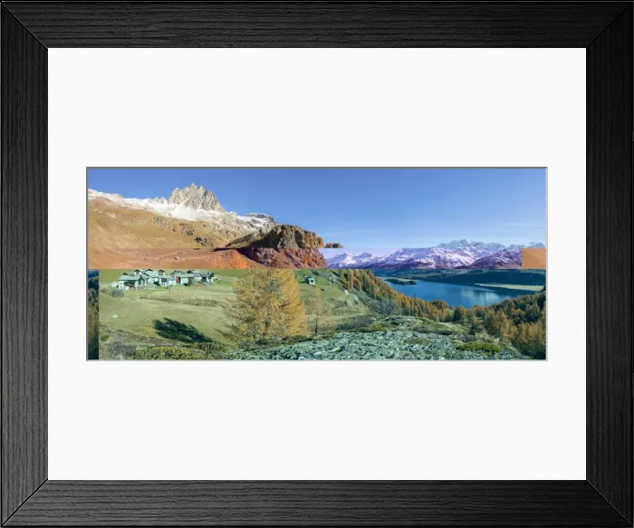 Framed Print : Panorama of Lake Sils and the alpine village of Grevasalvas, Maloja, Canton of Graubunden Framed Print : Panorama of Lake Sils and the alpine village of Grevasalvas, Maloja, Canton of Graubunden