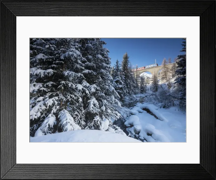Framed Print : Rhaetian Railway on the Chapella Viadukt surrounded by snowy woods, Canton of Graubunden Framed Print : Rhaetian Railway on the Chapella Viadukt surrounded by snowy woods, Canton of Graubunden