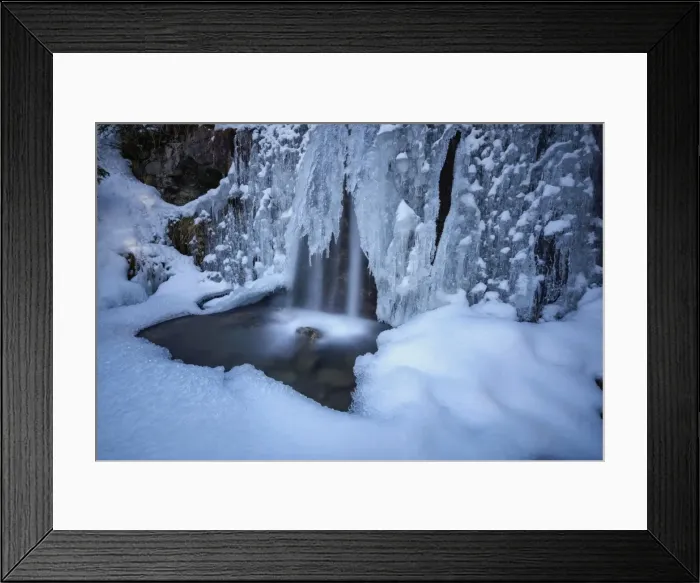 Framed Print : Details of a waterfall framed by ice and snow, Switzerland, Europe Framed Print : Details of a waterfall framed by ice and snow, Switzerland, Europe