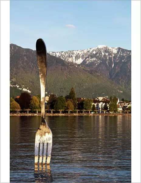 Giant fork sculpture from Alimentarium food museum, Lake Geneva (Lac Leman), Vevey