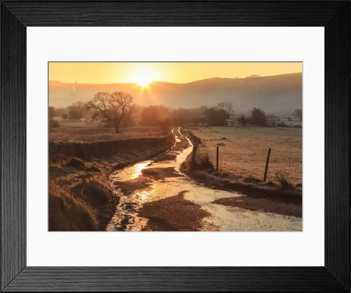 Framed Print : Misty and frosty sunrise over a country lane in winter, Castleton, Peak District National Park Framed Print : Misty and frosty sunrise over a country lane in winter, Castleton, Peak District National Park