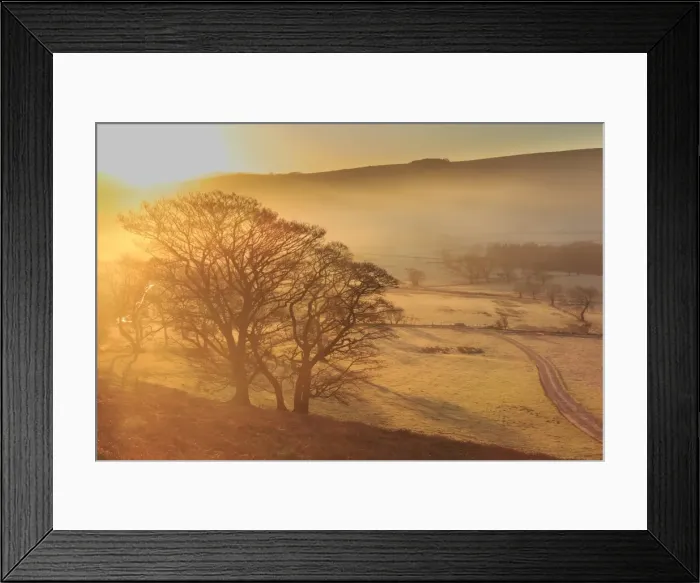 Framed Print : Misty and frosty sunrise with a copse of trees in winter, Castleton, Peak District National Park Framed Print : Misty and frosty sunrise with a copse of trees in winter, Castleton, Peak District National Park