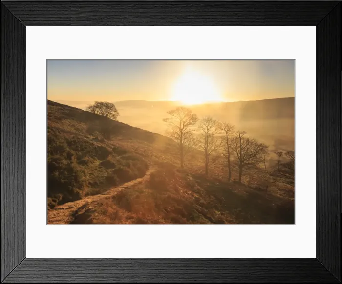 Framed Print : Misty and frosty sunrise over skeletal trees above the Hope Valley in winter, Castleton Framed Print : Misty and frosty sunrise over skeletal trees above the Hope Valley in winter, Castleton