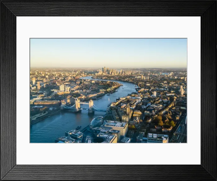 Framed Print : High view of London skyline along the River Thames from Tower Bridge to Canary Wharf Framed Print : High view of London skyline along the River Thames from Tower Bridge to Canary Wharf