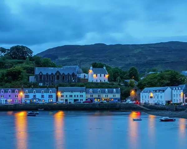 Twilight view of Portree, Isle of Skye, Inner Hebrides, Scotland, United Kingdom, Europe