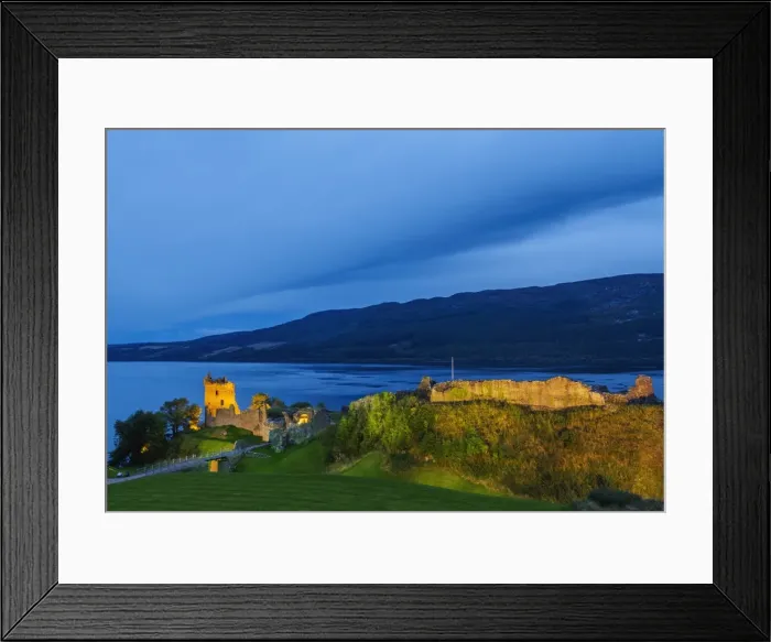 Framed Print : Twilight view of Urquhart Castle and Loch Ness, Highlands, Scotland, United Kingdom Framed Print : Twilight view of Urquhart Castle and Loch Ness, Highlands, Scotland, United Kingdom