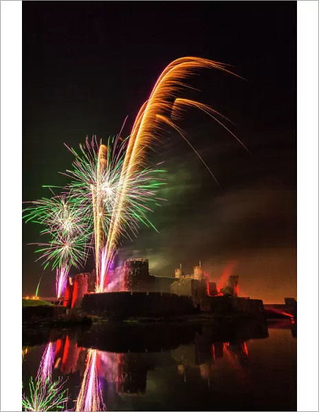 Fireworks, Caerphilly Castle, Caerphilly, South Wales, United Kingdom, Europe