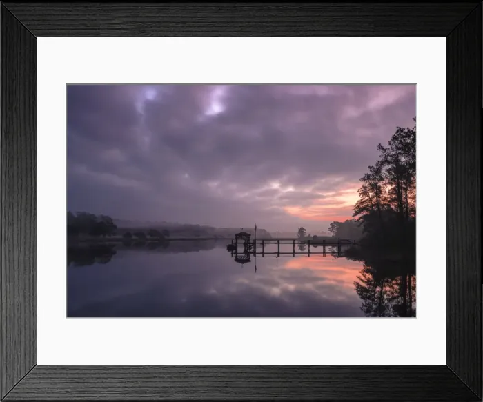 Framed Print : Sunrise and dock on intracoastal waterway, Calabash, North Carolina, United States of America