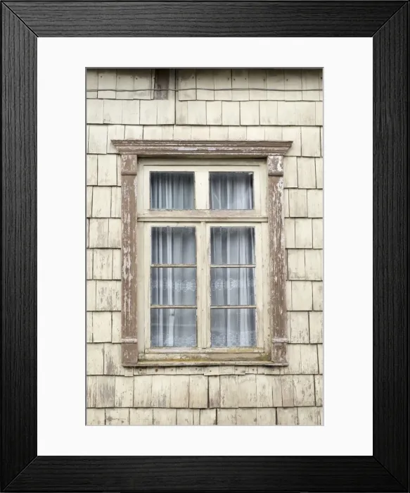 Framed Print : Distinctive wooden tiles around a window in Chiloe Island, Northern Patagonia, Chile