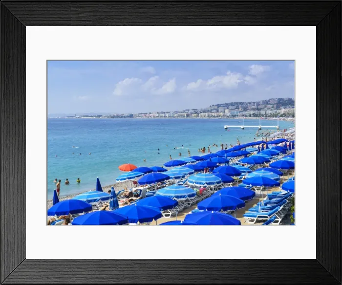 Framed Print : Blue parasols on the beach, Promenade des Anglais, Nice, Alpes Maritimes, Cote d Azur