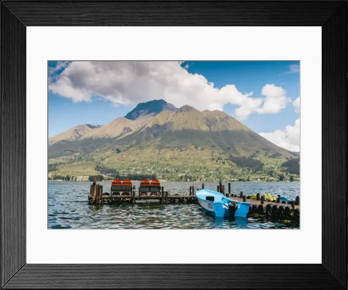 Framed Print : A pier and boat at the base of Volcan Imbabura and Lago San Pablo, close to the famous Framed Print : A pier and boat at the base of Volcan Imbabura and Lago San Pablo, close to the famous