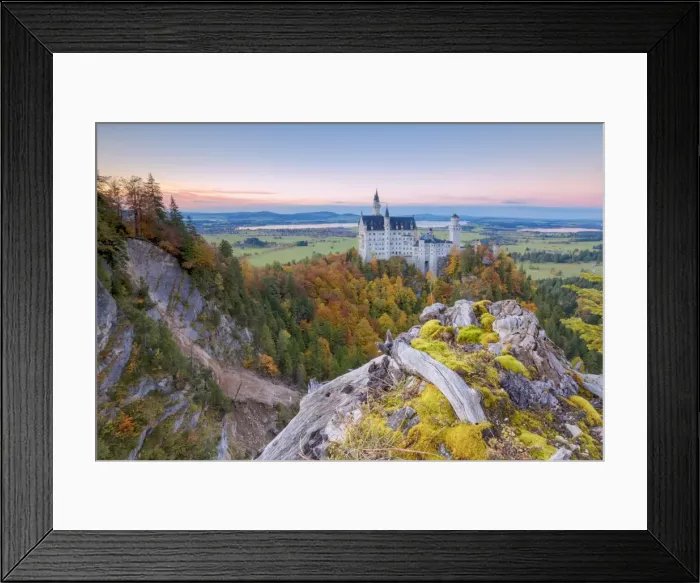 Framed Print : Sunset on Neuschwanstein Castle surrounded by colorful woods in autumn, Fussen, Bavaria Framed Print : Sunset on Neuschwanstein Castle surrounded by colorful woods in autumn, Fussen, Bavaria