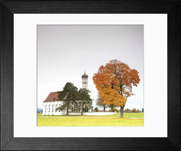 Framed Print : Autumn colors and trees surround St. Coloman Church at sunrise, Schwangau, Bavaria Framed Print : Autumn colors and trees surround St. Coloman Church at sunrise, Schwangau, Bavaria
