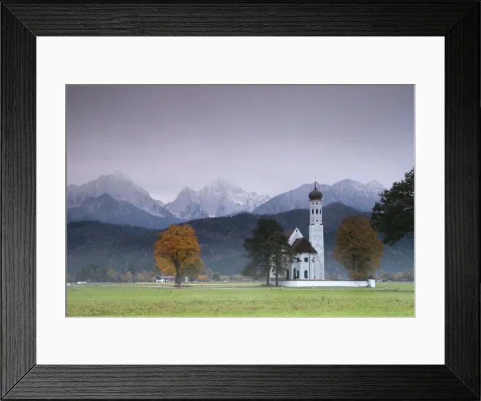 Framed Print : Pink sunrise on St. Coloman Church surrounded by woods and mist of autumn, Schwangau Framed Print : Pink sunrise on St. Coloman Church surrounded by woods and mist of autumn, Schwangau