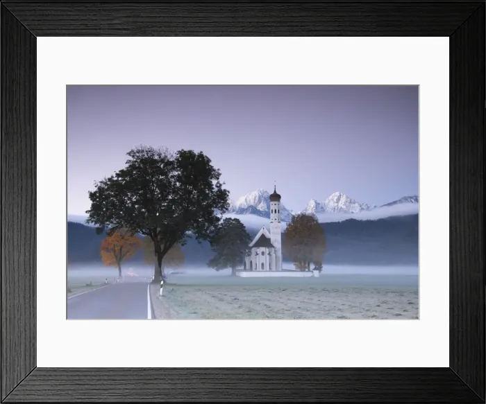 Framed Print : Pink sunrise and mist of autumn on St. Coloman Church framed by snowy peaks, Schwangau Framed Print : Pink sunrise and mist of autumn on St. Coloman Church framed by snowy peaks, Schwangau