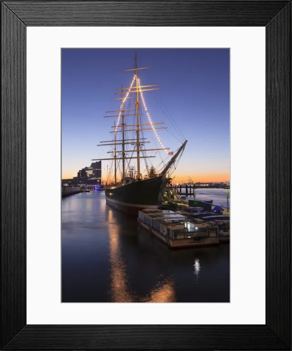 Framed Print : Rickmer Rickmers museum ship and Elbphilharmonie at sunrise, HafenCity, Hamburg, Hanseatic City Framed Print : Rickmer Rickmers museum ship and Elbphilharmonie at sunrise, HafenCity, Hamburg, Hanseatic City