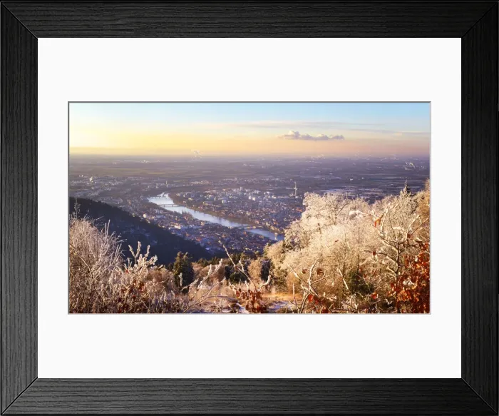 Framed Print : A dreamy view over Rhein Main Valley with Heidelberg City and Neckar River, framed by ice Framed Print : A dreamy view over Rhein Main Valley with Heidelberg City and Neckar River, framed by ice