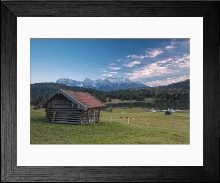 Framed Print : Wooden hut frames the alpine lake surrounded by the Alps, Geroldsee, Krun, Garmisch Partenkirchen Framed Print : Wooden hut frames the alpine lake surrounded by the Alps, Geroldsee, Krun, Garmisch Partenkirchen