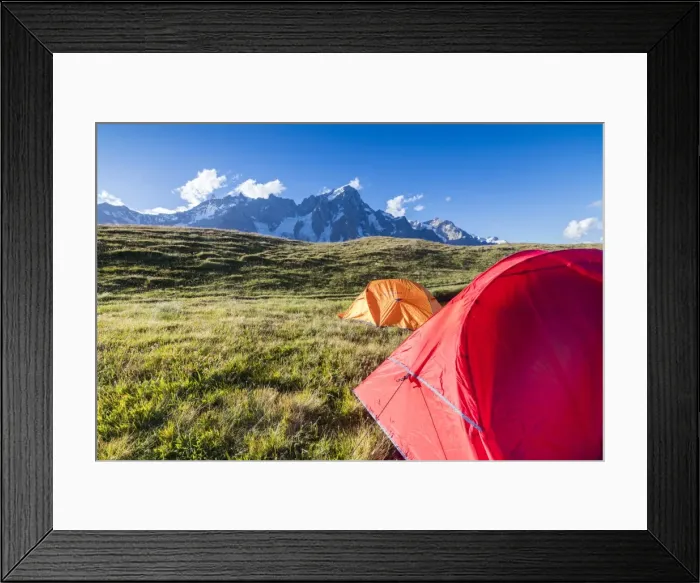 Framed Print : Camping tents in the green meadows with Mont De La Saxe in the background, Courmayeur
