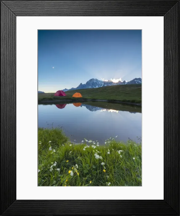 Framed Print : Camping tents in the green meadows surrounded by flowers and alpine lake, Mont De La Saxe Framed Print : Camping tents in the green meadows surrounded by flowers and alpine lake, Mont De La Saxe