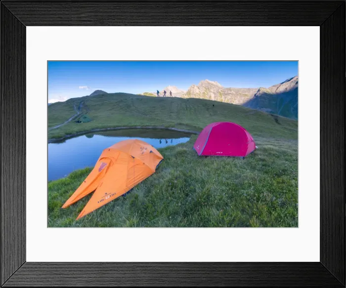 Framed Print : Camping tents and hikers with Mont De La Saxe on the background, Courmayeur, Aosta Valley Framed Print : Camping tents and hikers with Mont De La Saxe on the background, Courmayeur, Aosta Valley