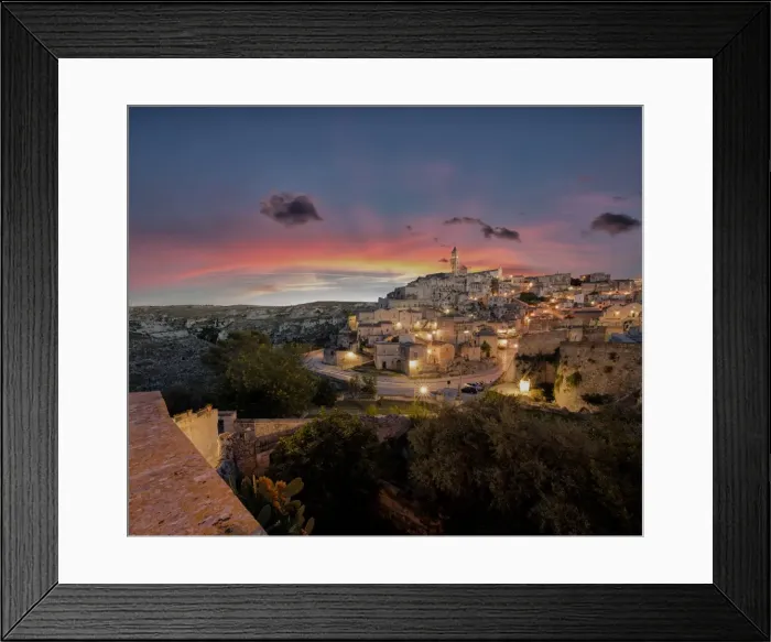 Framed Print : Sunset on the ancient town and historical center called Sassi, perched on rocks on top of hill Framed Print : Sunset on the ancient town and historical center called Sassi, perched on rocks on top of hill