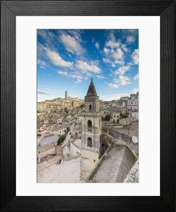 Framed Print : View of the ancient town and historical center called Sassi, perched on rocks on top of hill Framed Print : View of the ancient town and historical center called Sassi, perched on rocks on top of hill