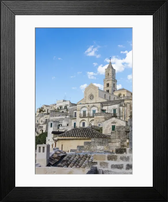 Framed Print : The ancient Matera Cathedral in the historical center called Sassi perched on rocks on top of hill Framed Print : The ancient Matera Cathedral in the historical center called Sassi perched on rocks on top of hill